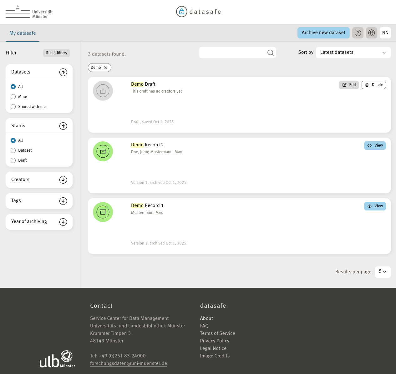 Customized datasafe dashboard with example records and drafts