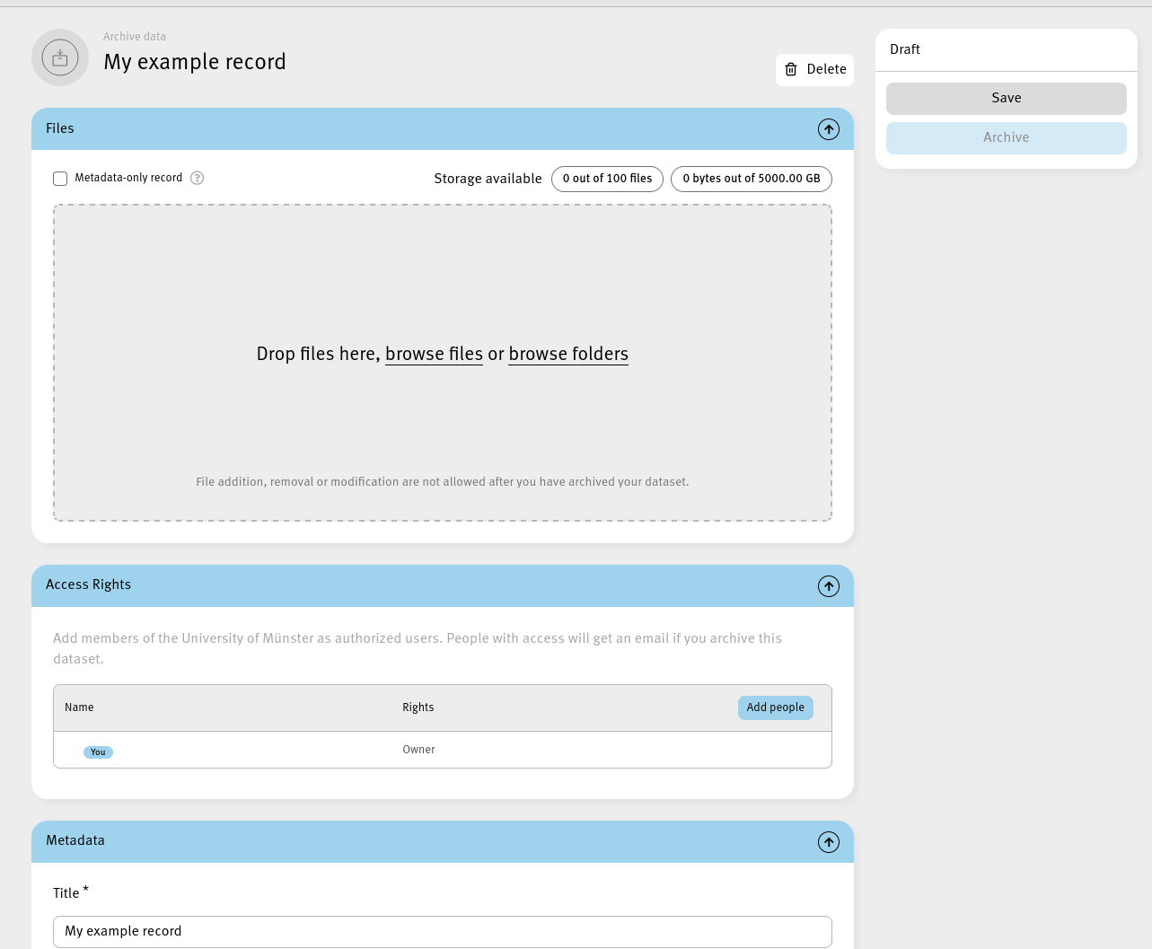 datasafe deposit form which only contains the sections "Files", "Access" and "Metadata" for simplified usage.
