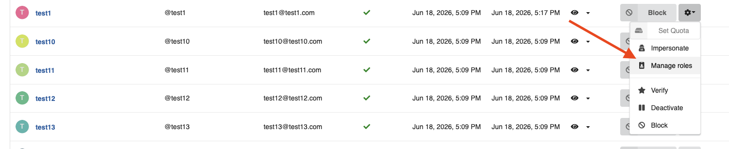 Manage user roles dropdown menu